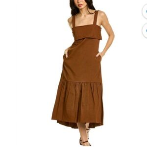 Theory Tie Back Midi Dress Sleeveless Color Cognac Linen Blend Size XL